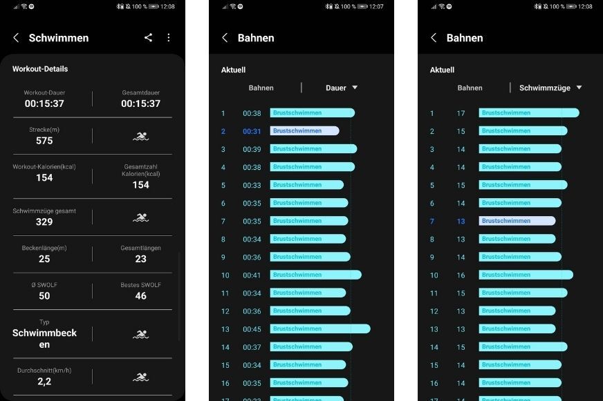 Man sieht die aufgezeichneten Daten während des Schwimmens. 